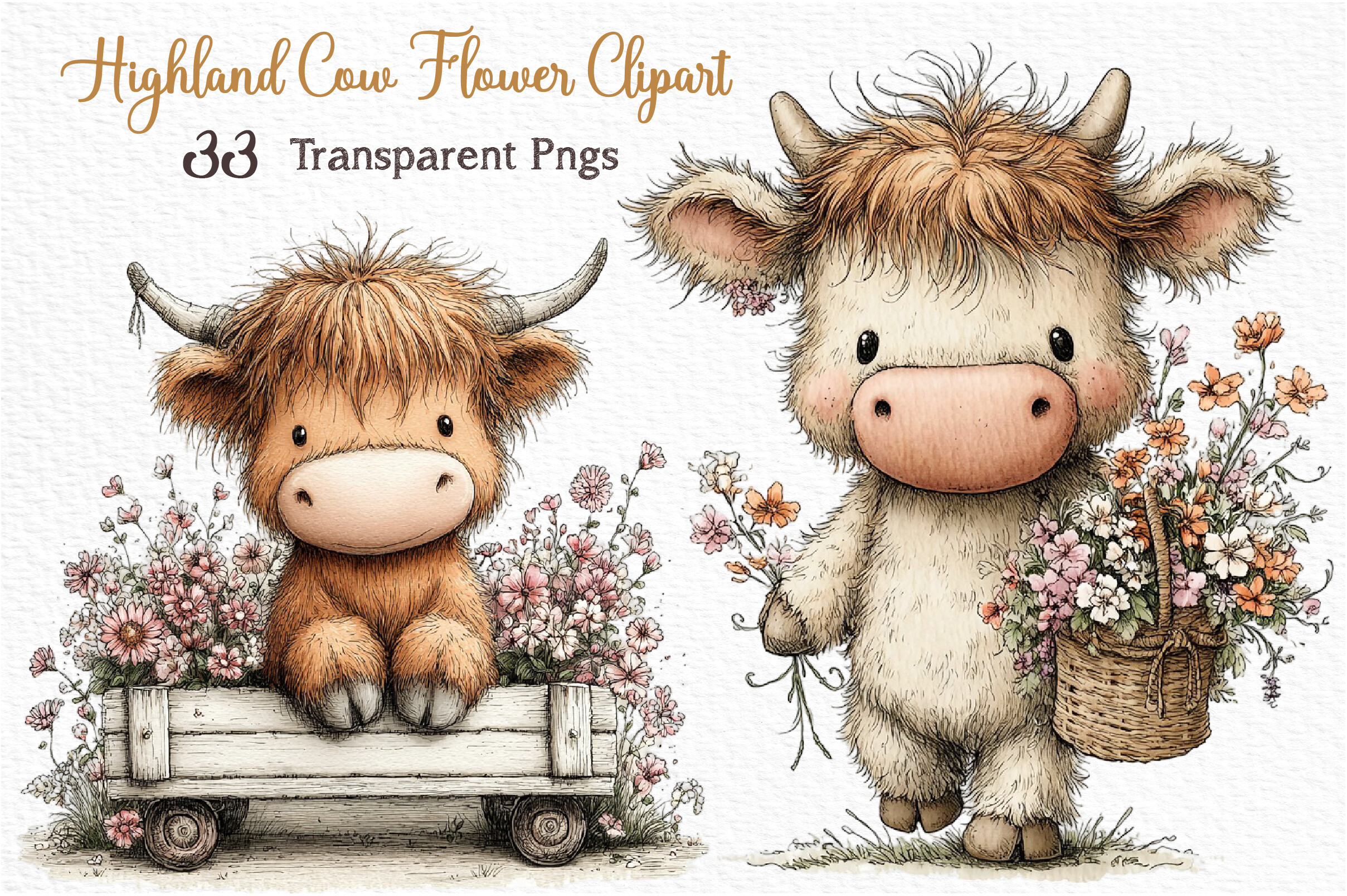 Highland Cow Flower Clipart Bundle Graphic by CraftNest · Creative Fabrica