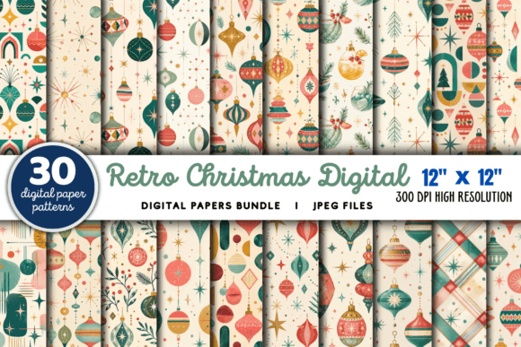 Retro Christmas Digital Paper Bundle