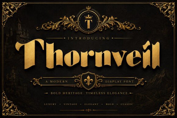 Preview specimen of Thornveil blackletter font