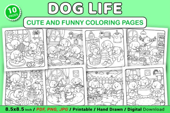 Preview of Dog Life Cute and Funny Coloring Pages adult coloring pages