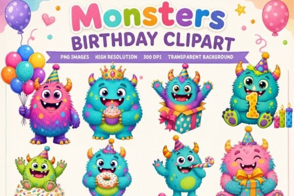 Monsters Birthday Clipart | 12 PNG Cute