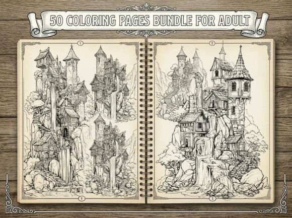 Preview of Magical World with This Fantasy Village coloring pages for adults