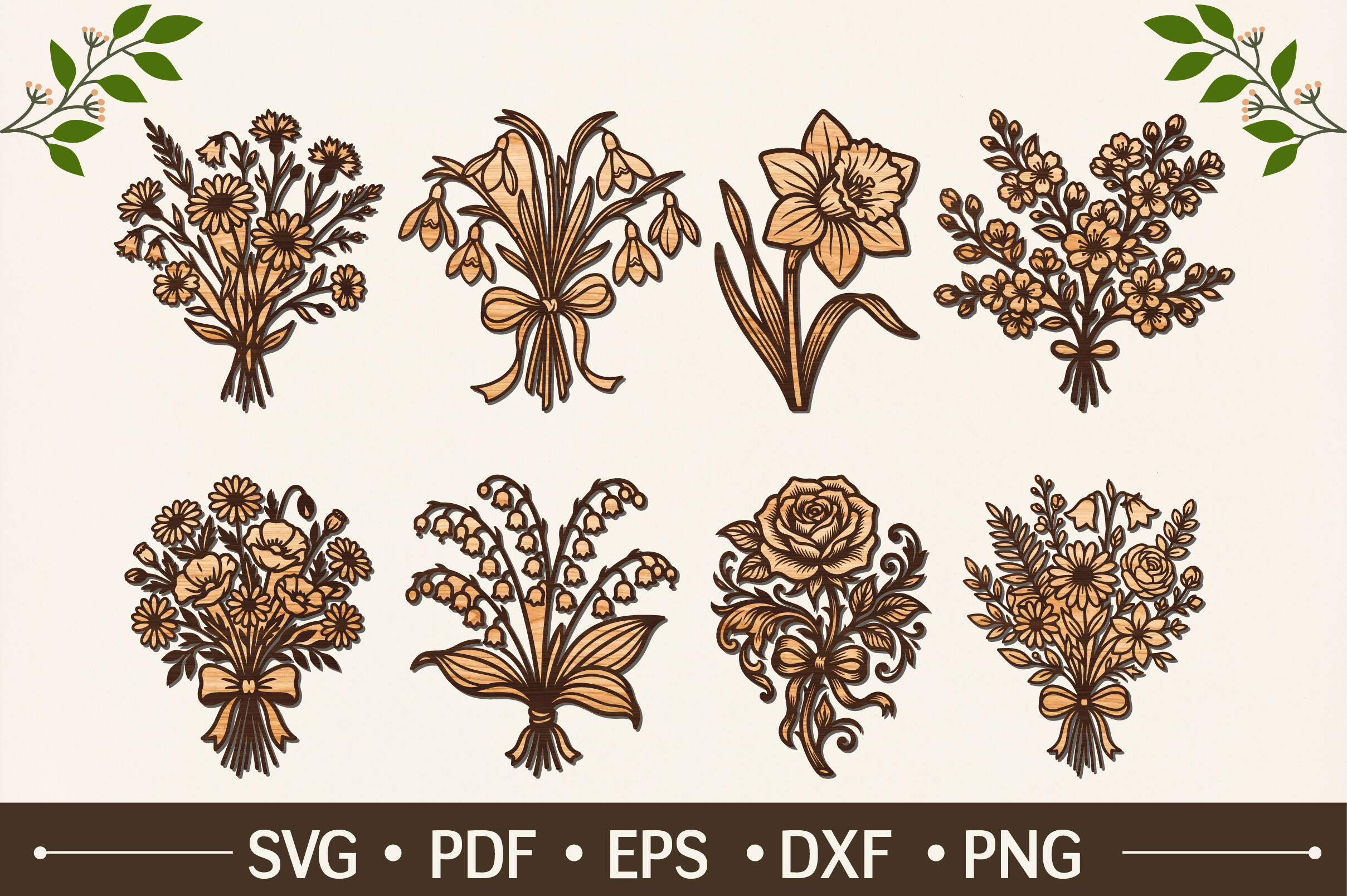 Flower bouquet laser cut designs with roses and daffodils