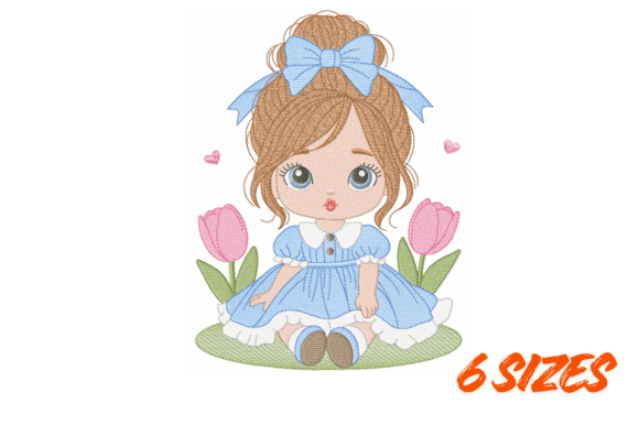 Cute Blue Dress Girl Embroidery Design