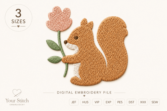 Cute Squirrel Holding Flower Embroidery