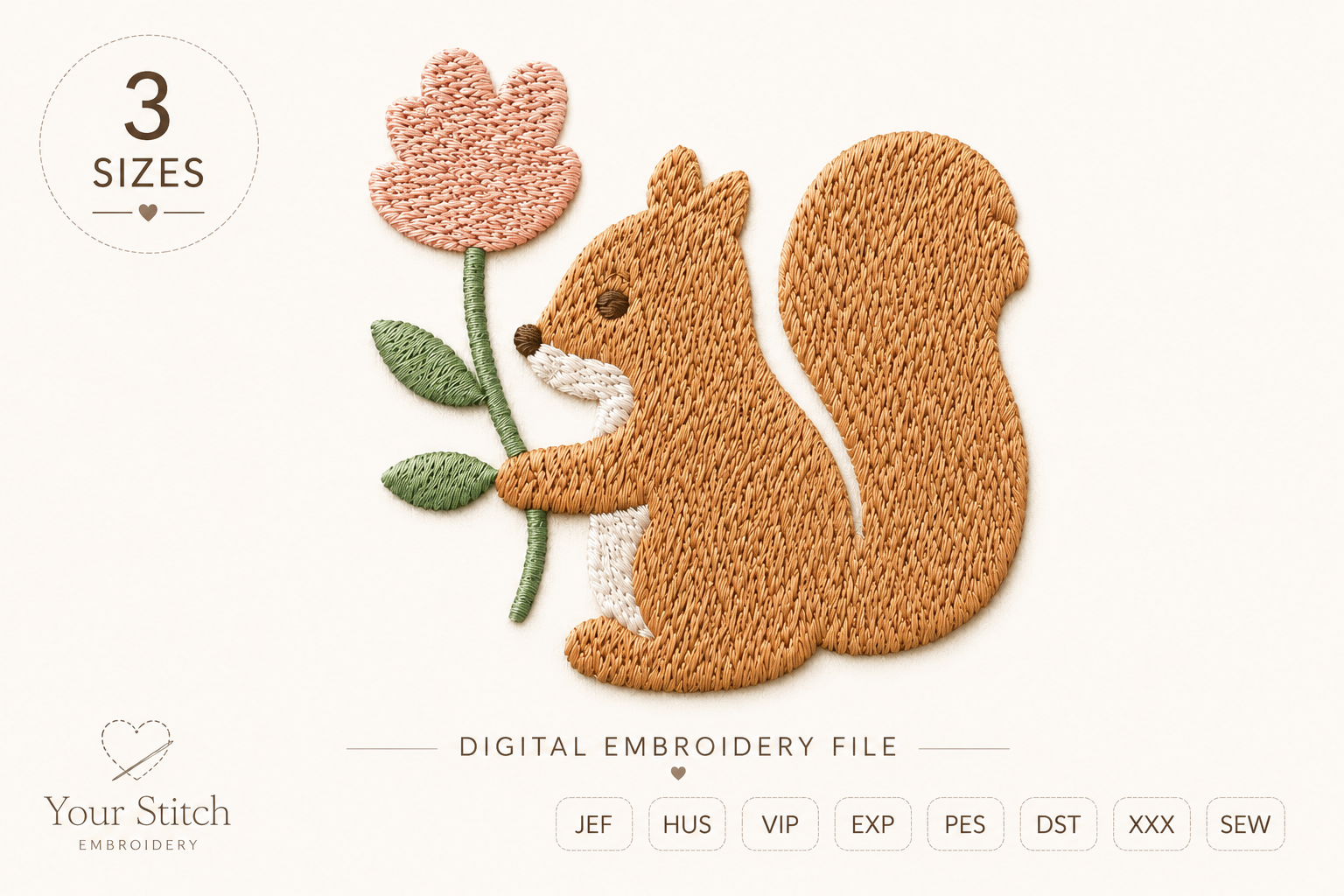 Cute Squirrel Holding Flower Embroidery