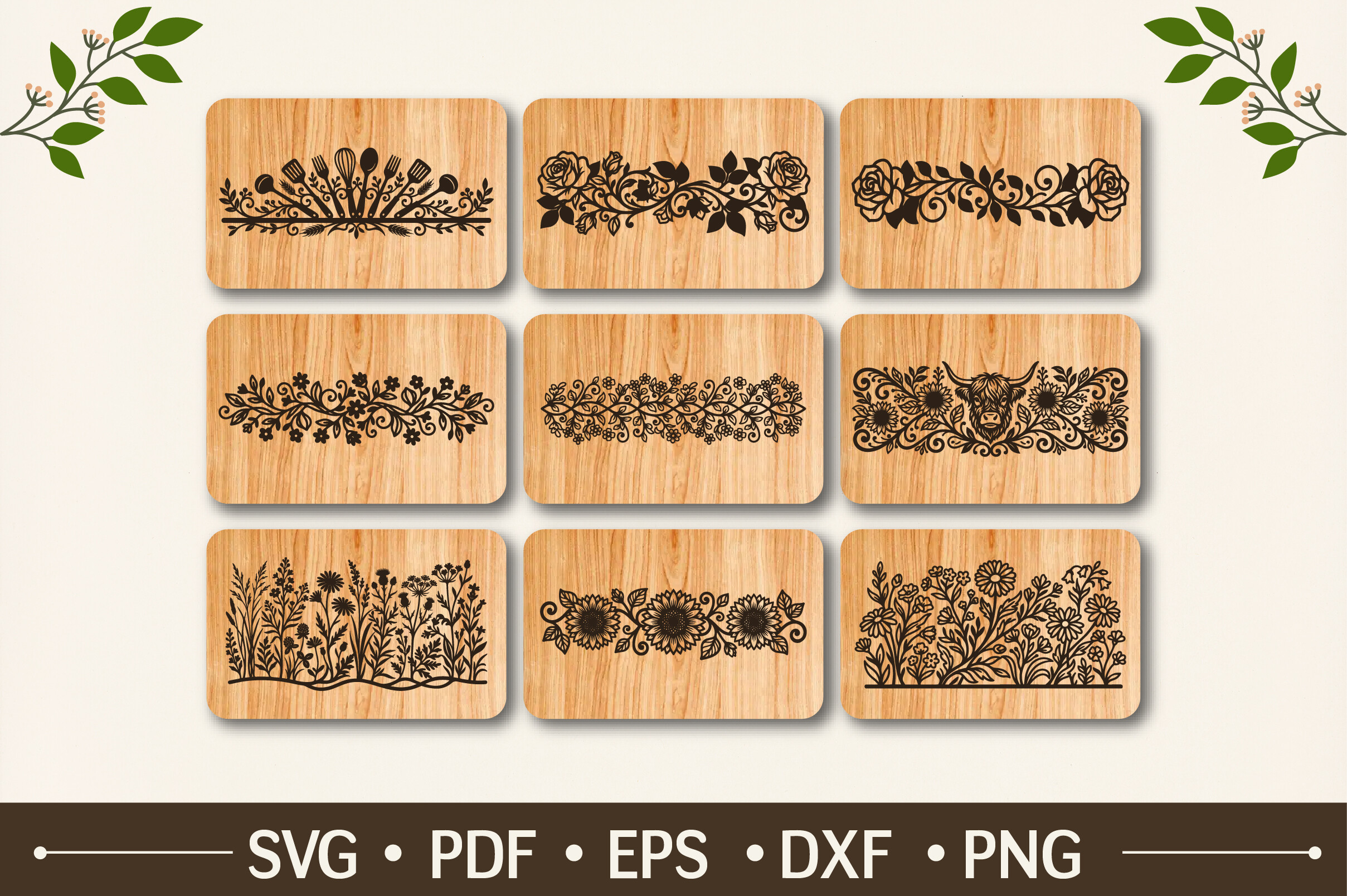 Floral border and frame designs for laser engraving