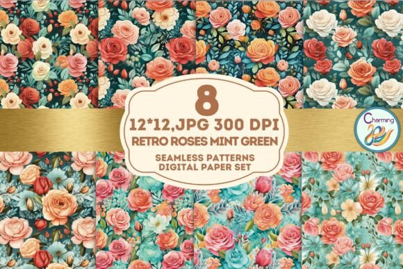 Seamless Paper: Retro Roses Mint Green