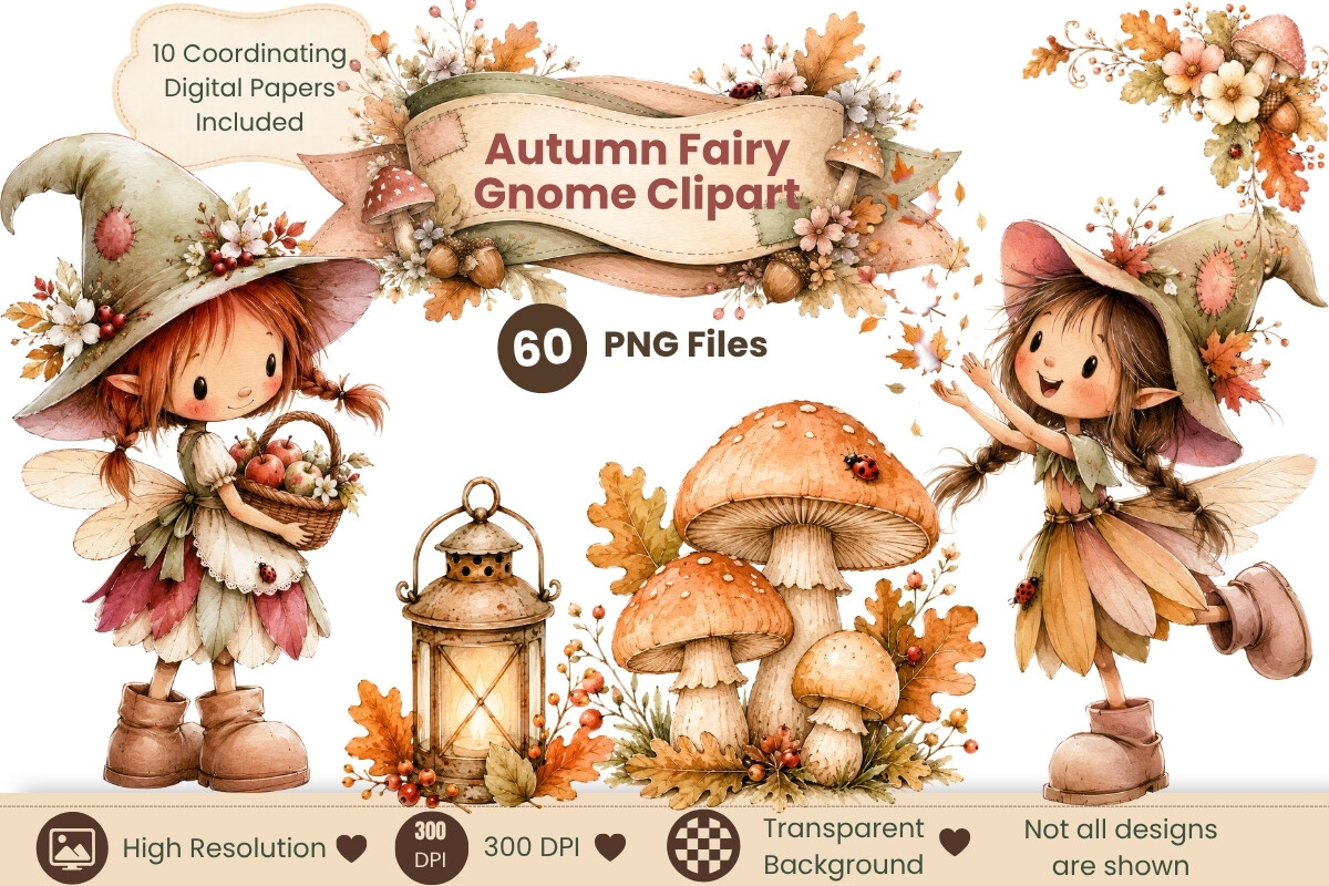 Autumn Fairy Gnome Clipart Bundle