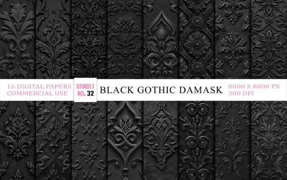 Black Gothic Damask Texture Bundle