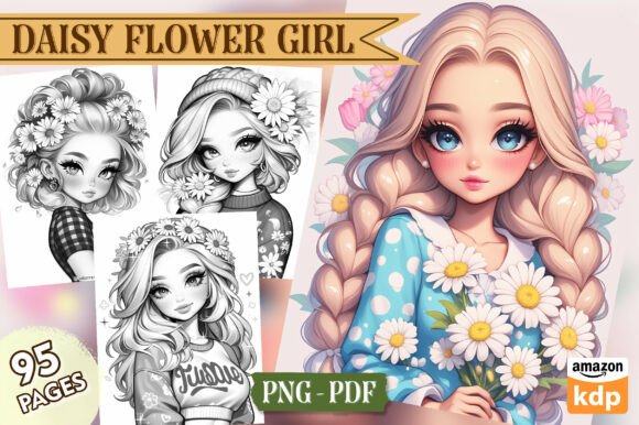 Preview of Daisy Flower Girl Coloring Pages, Vol. 1 adult coloring pages