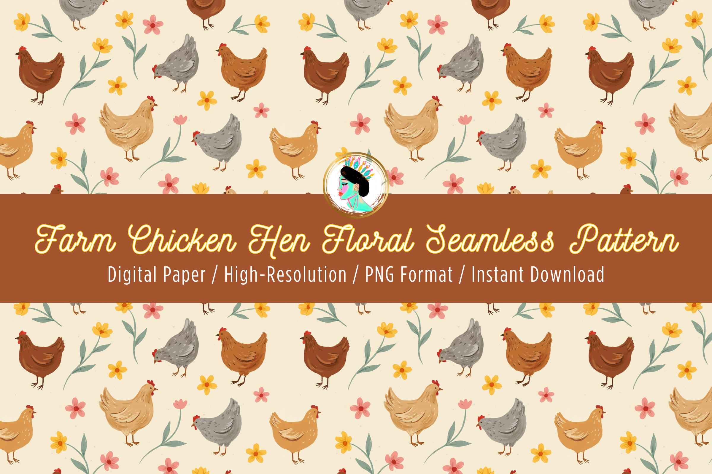 Farm Chicken & Flower Seamless Pattern