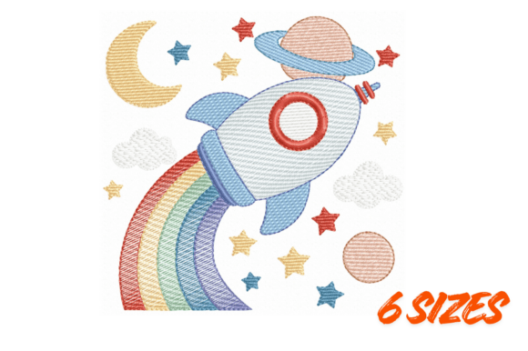 Rainbow Rocket Space Embroidery Design