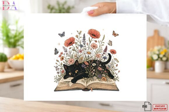 Vintage Black Cat Reading Floral Book PN
