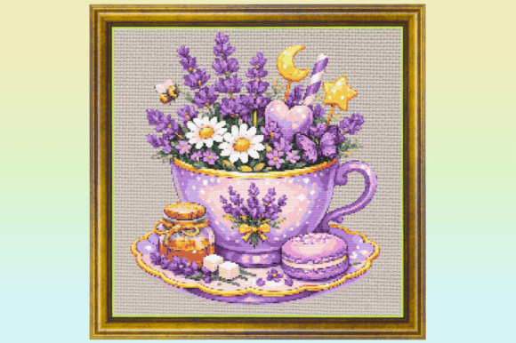 Whimsical Lavender Teacup Cross Stitch P