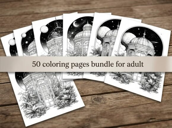 Preview of Celestial Greenhouse Coloring Pages coloring pages for adults