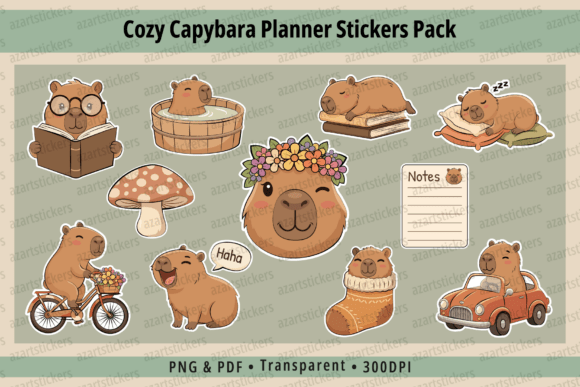Cozy Capybara Planner Stickers PNG&PDF