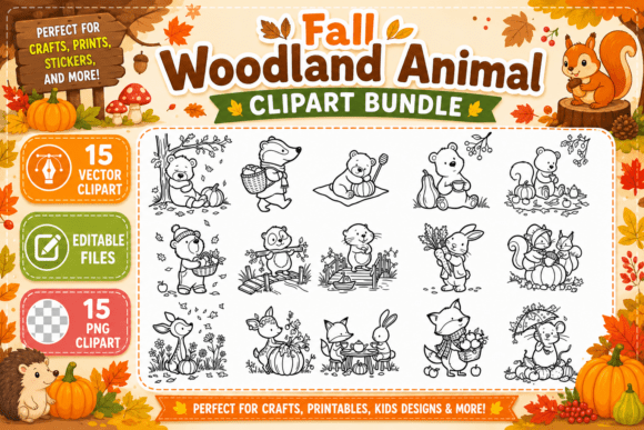 Fall Woodland Animals Coloring Clipart