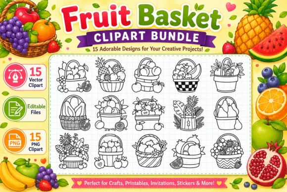 Fruit Basket Coloring Stamp Clipart PNG