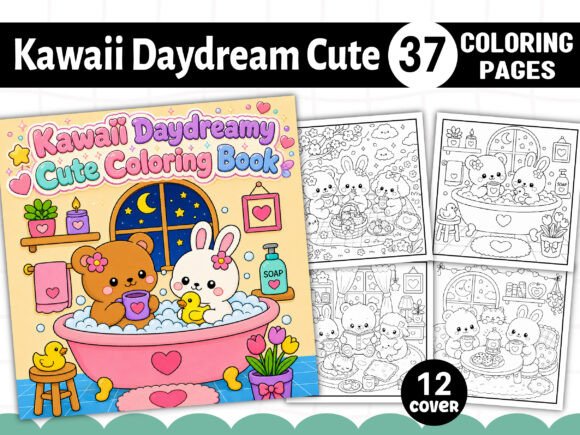 Preview of Kawaii Daydreamy Cute Coloring Pages adult coloring pages