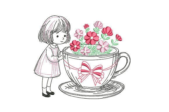 Little Girl with Teacup Flowers
