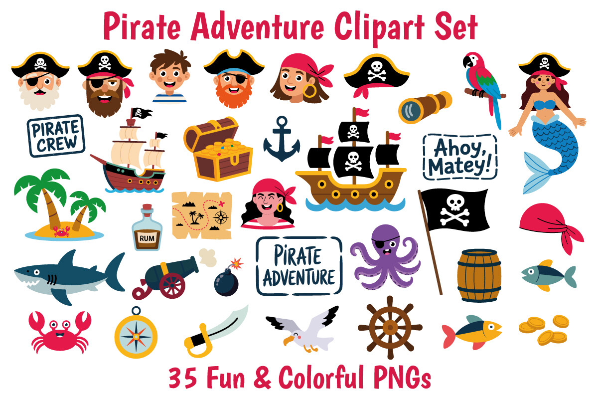 Pirate Clipart Set, 35 PNGs