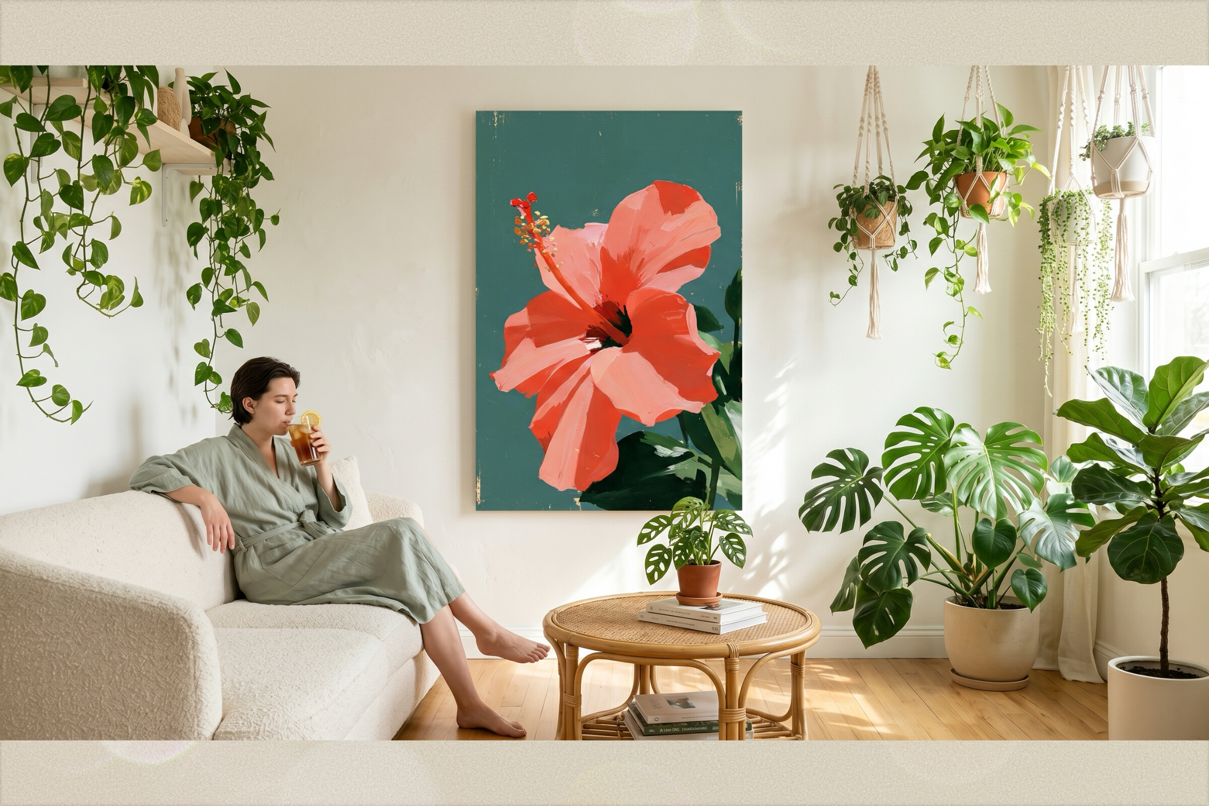 Retro Coral Hibiscus Floral Wall Art