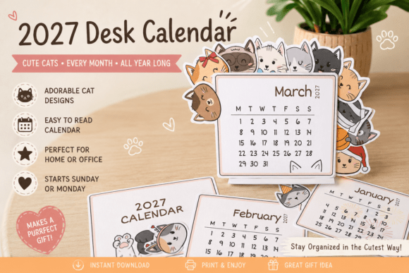 2027 Cat Desk Calendar - Hand-draw Cat