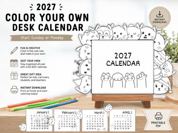 2027 Cute Cat Colouring Calendar