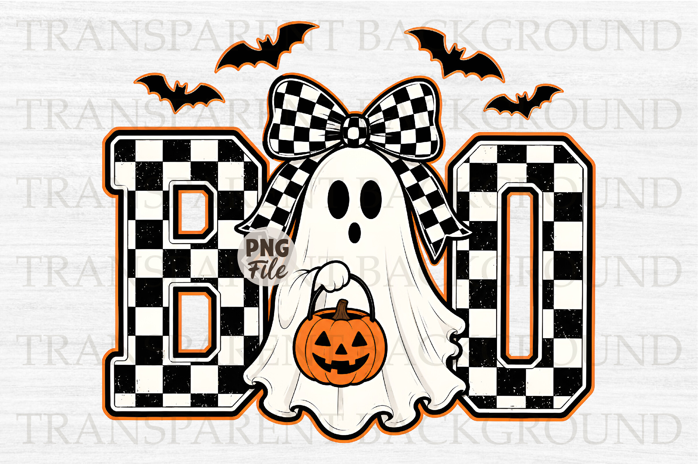 Boo! Ghost Girl with Bow & Bats — Halloween PNG design preview