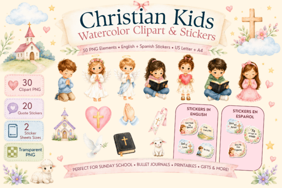Christian Kids Watercolor Clipart