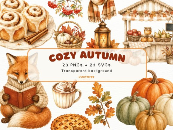 Cozy Autumn Watercolor Clipart, Fall PNG