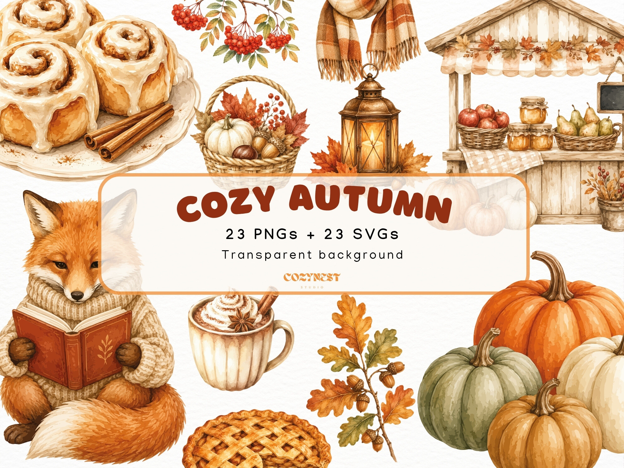 Cozy Autumn Watercolor Clipart, Fall PNG