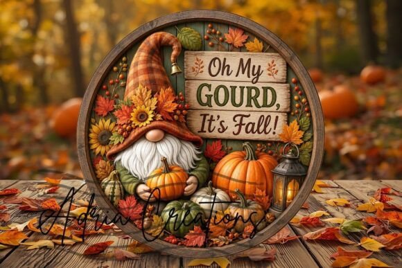 Gnome Fall Round Sign, Autumn Wreath Png