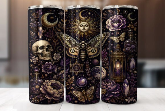 Gothic Skull Moth 20oz Tumbler Wrap PNG