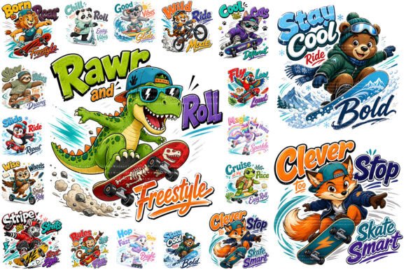 Preview of Kids Skateboard Animal PNG Bundle T-shirt, sticker, and sublimation design