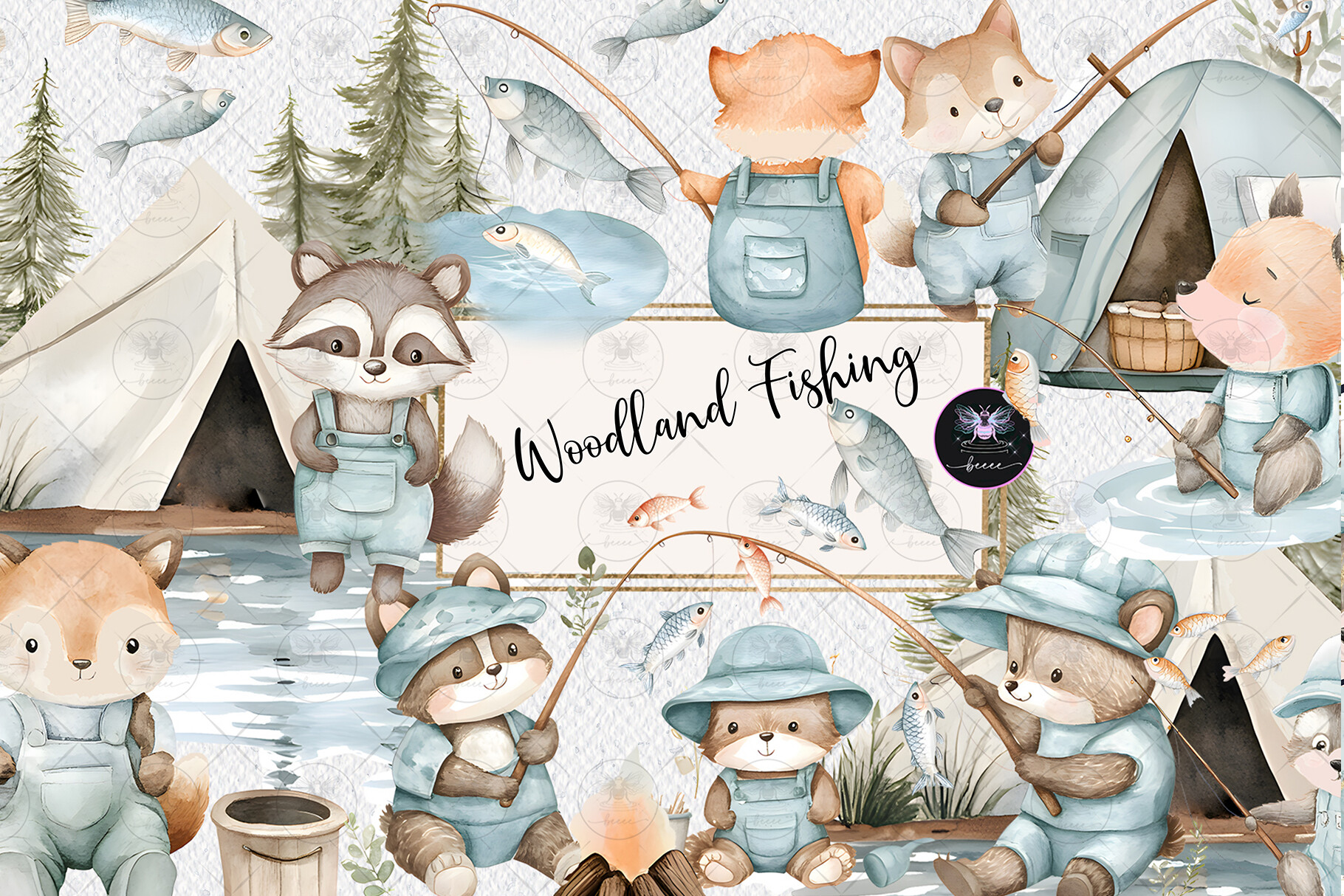 Woodland Fishing Baby Clipart - photo 1