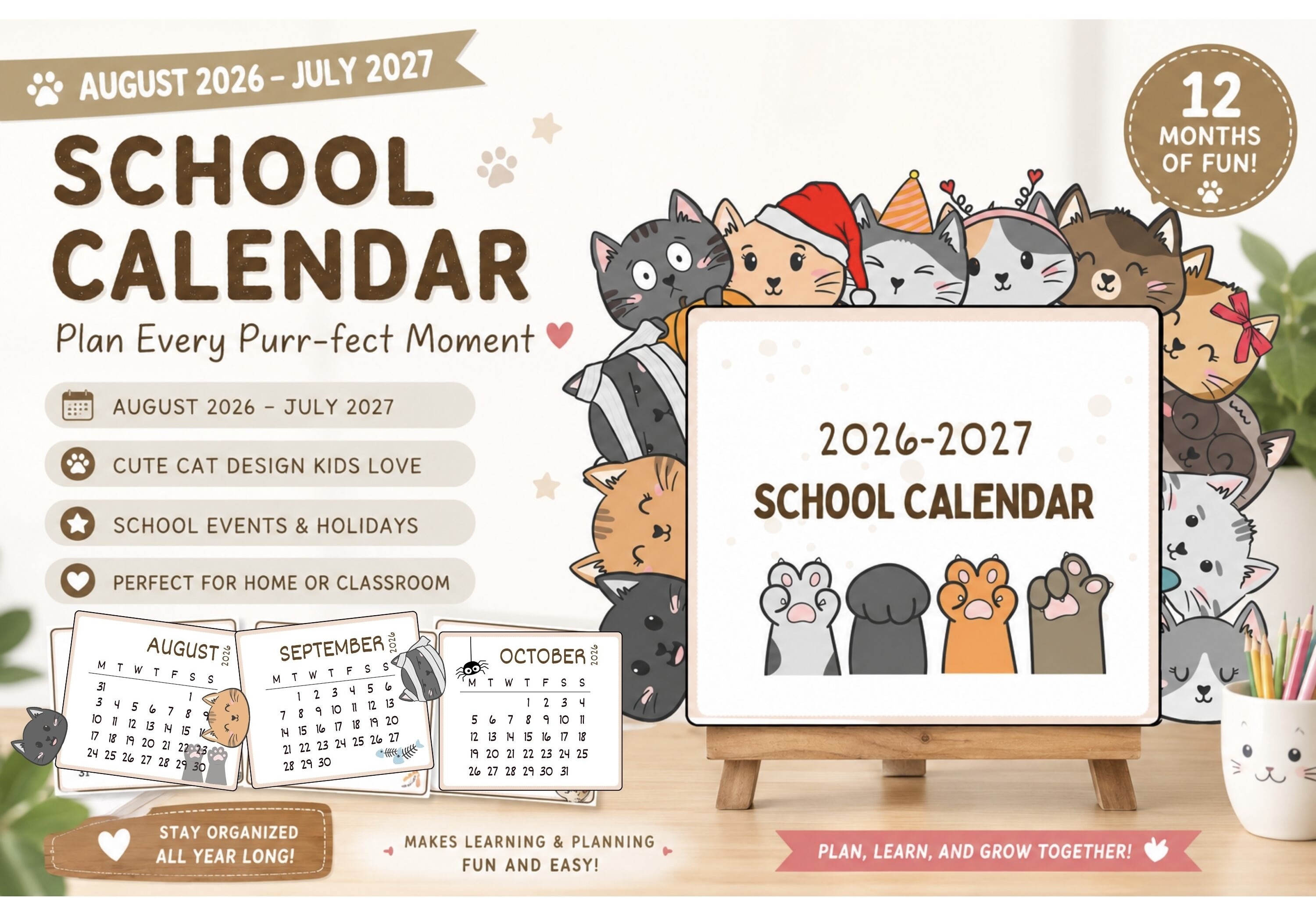 2026-2027 School Year Cat Desk Calendar