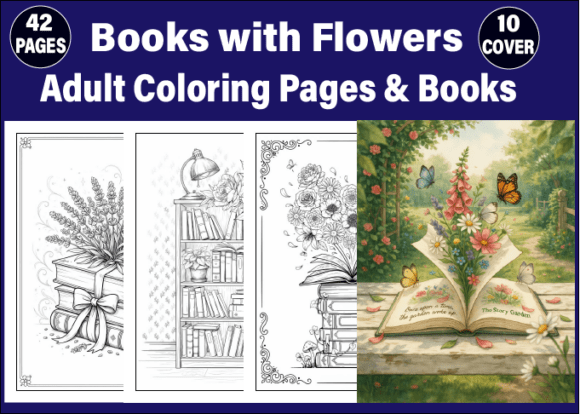 Preview of 42 Books with Flowers Coloring Pages coloring pages for adults
