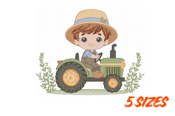 Cute Boy on Green Tractor Embroidery Art