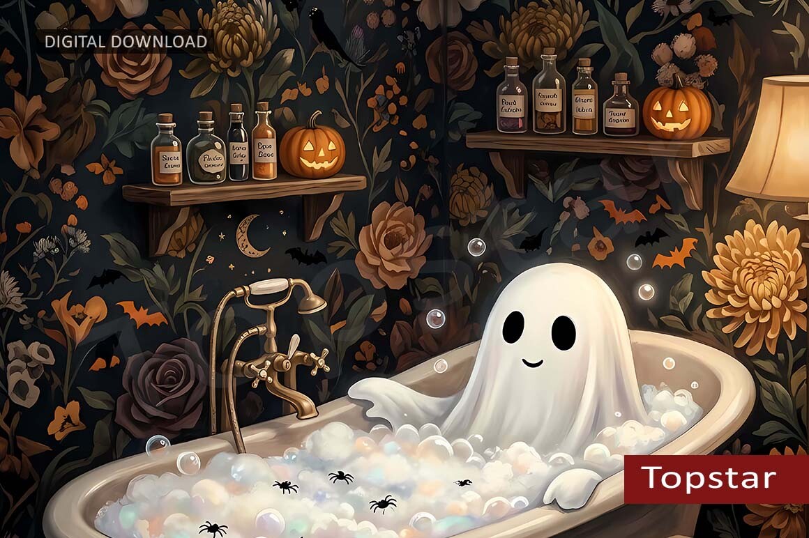Cute Ghost on Bathtub Halloween Wall Art