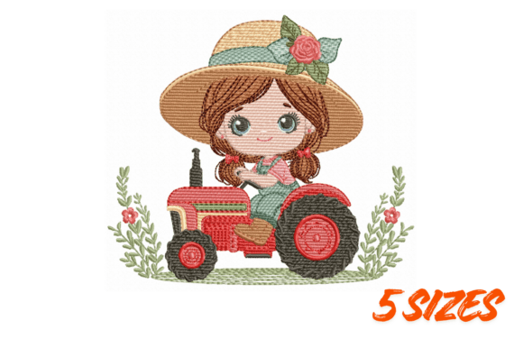 Cute Girl on Red Tractor Embroidery Art