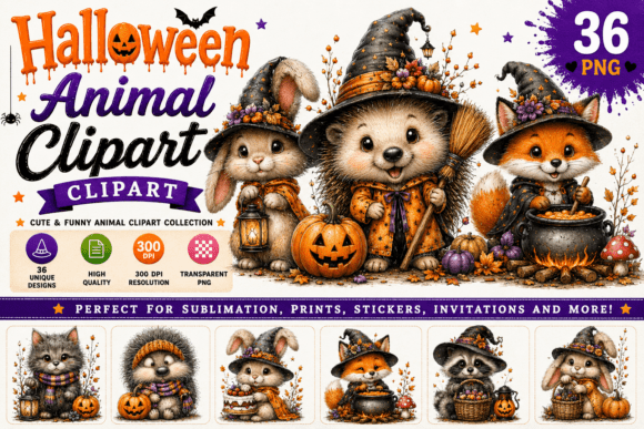 Preview of Cute Halloween Animal PNG Bundle T-shirt, sticker, and sublimation design