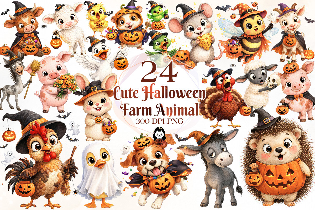 Cute Halloween Farm Animal Clipart Graphic by Cat Lady · Creative Fabrica