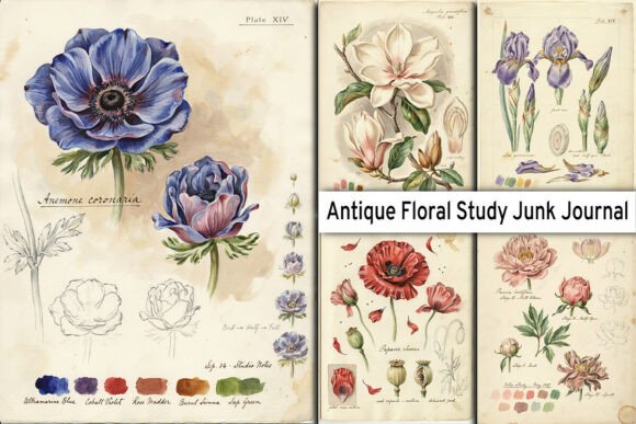 Preview of Antique Floral Study Junk Journal Pages