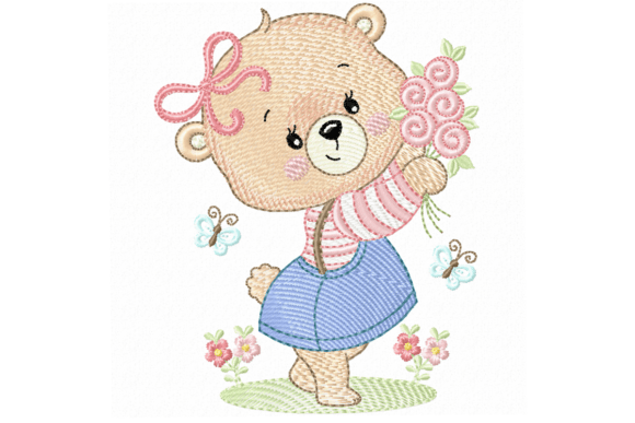 Cute Teddy Bear Embroidery Design Girl