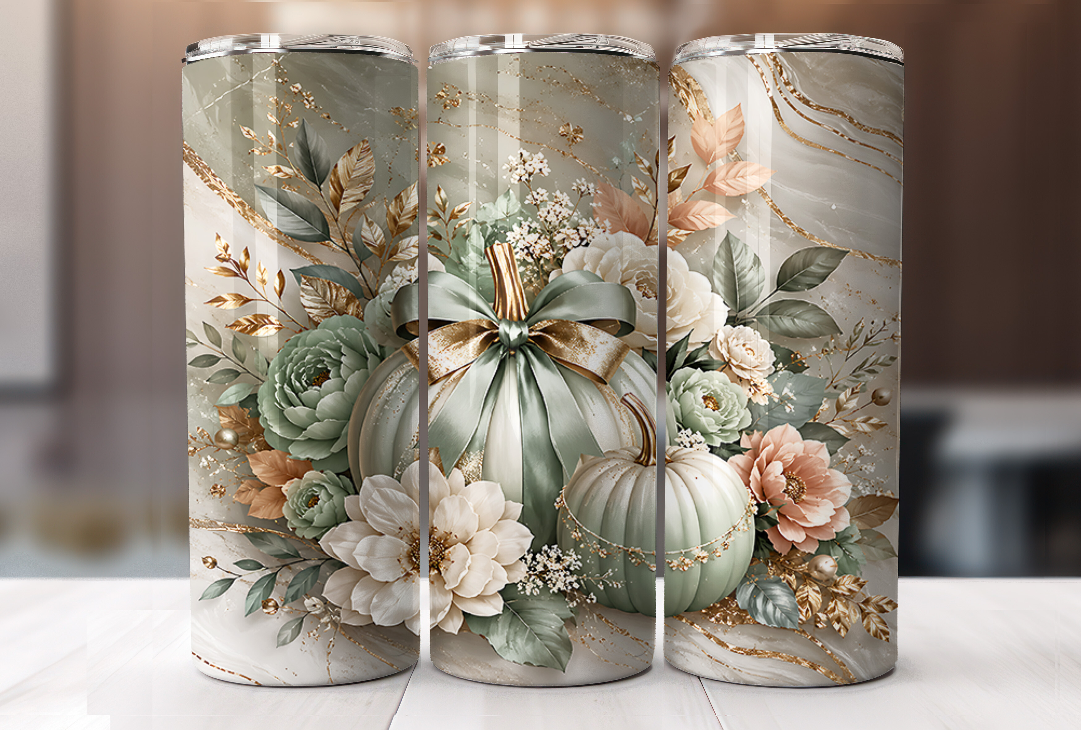 Sage Green Pumpkin Floral Tumbler Wraps