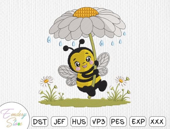 Bee with Daisy Embroidery Design