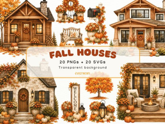 Fall House Watercolor Cliparts, Autumn