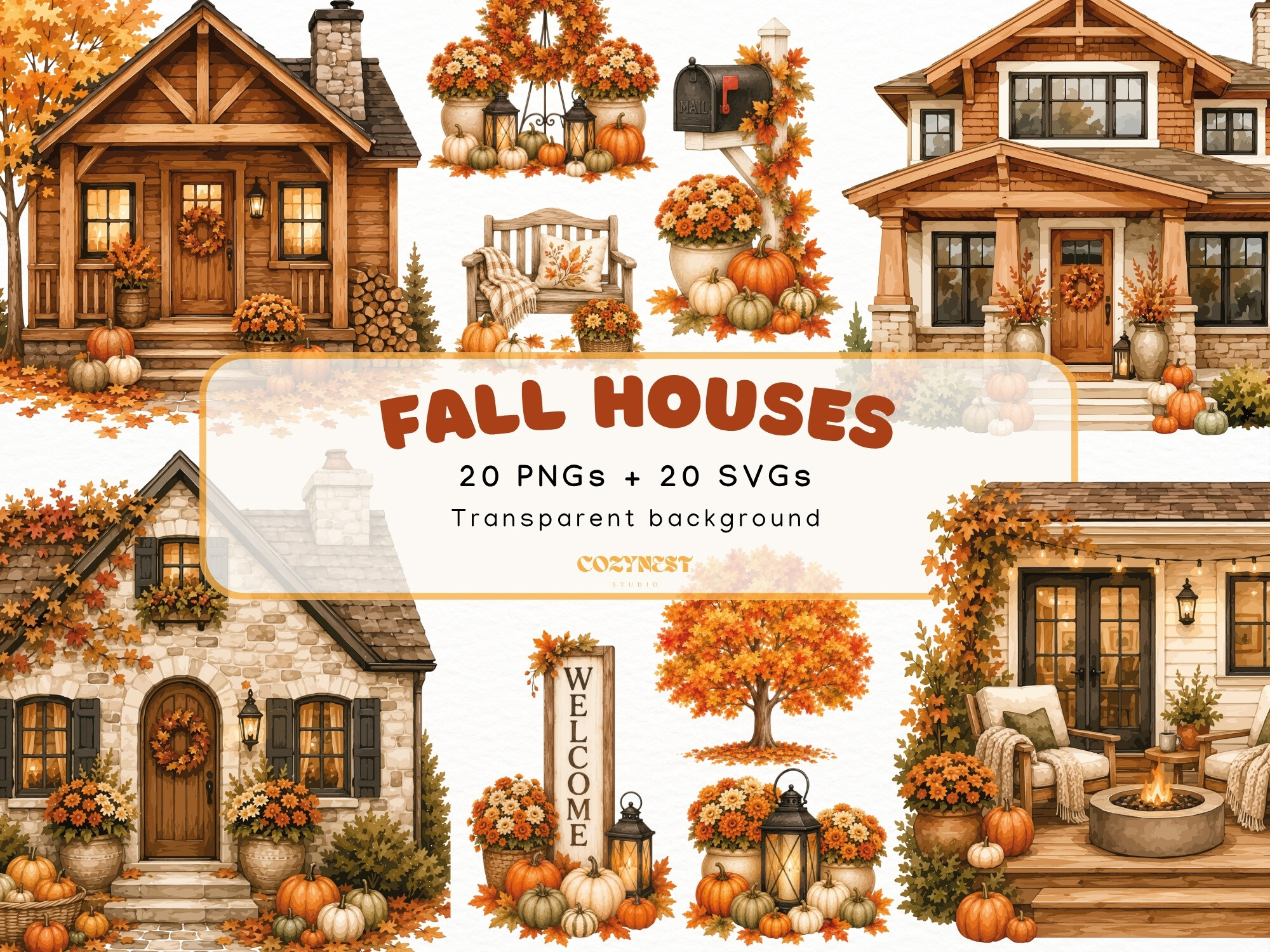 Fall House Watercolor Cliparts, Autumn
